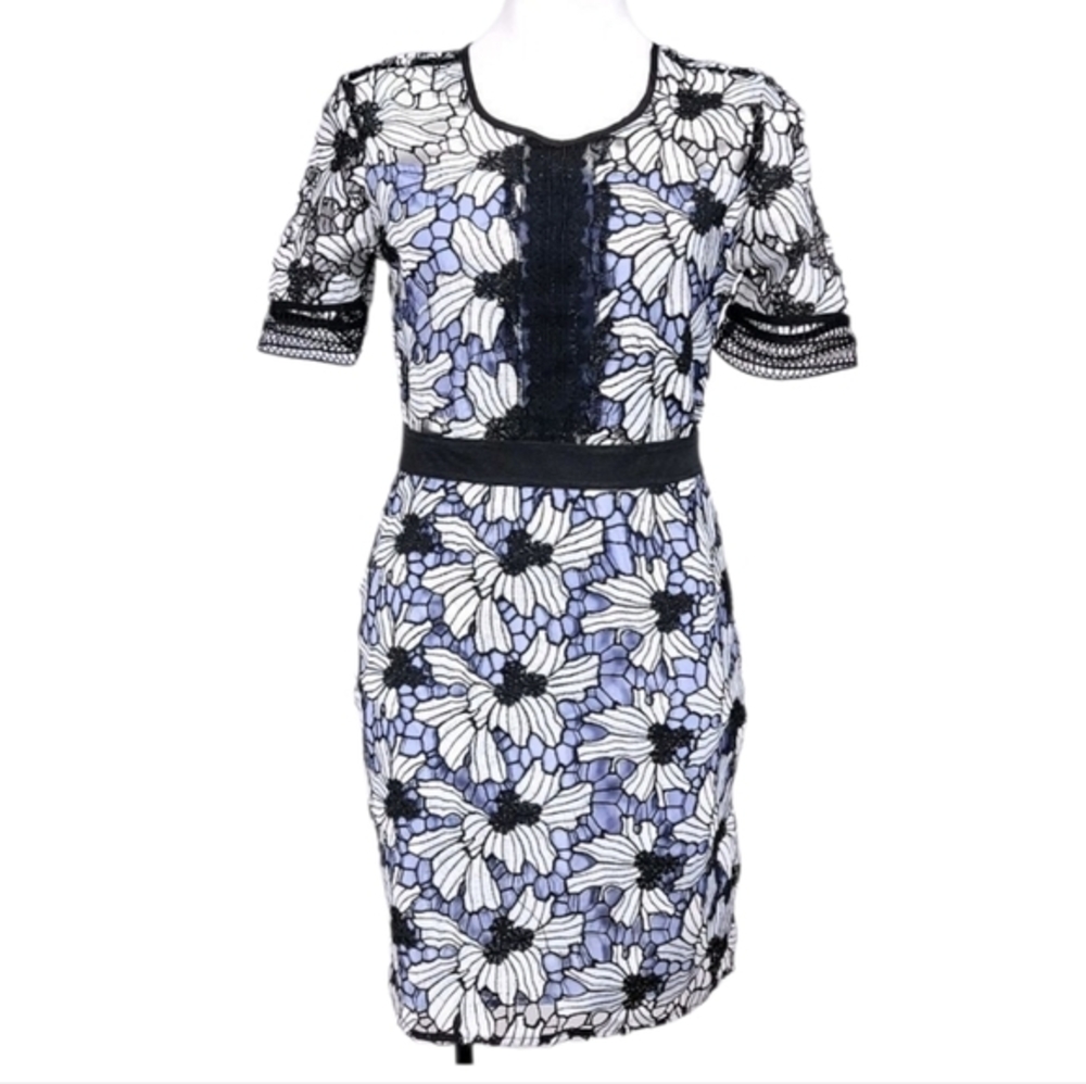 Romeo & Juliet Floral Lace Sheath‎ Dress Black White Blue Knee Length Size Small - Picture 2 of 16